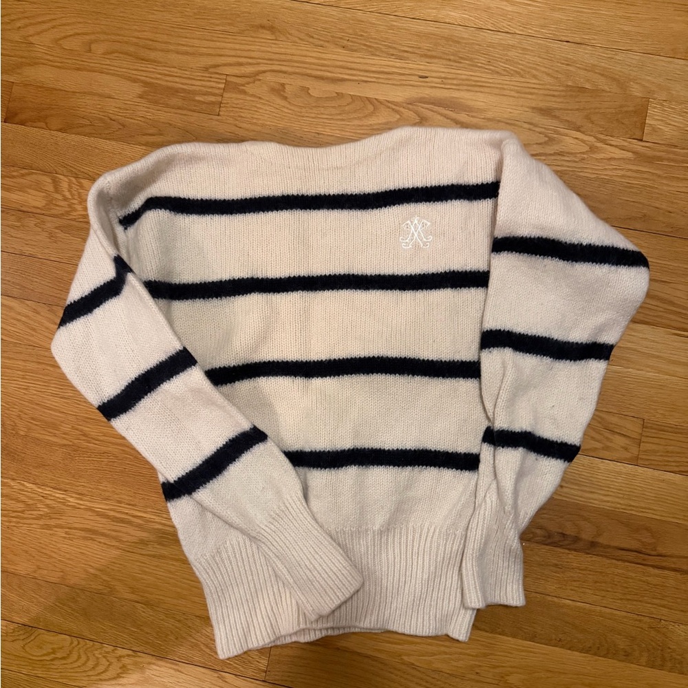 Abercrombie & Fitch Cream and Black Striped Crewneck Sweater